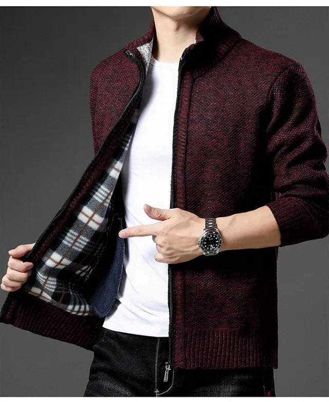 🧥 Men’s Fleece Cardigan Knitted Sweater – Trendy Full Zip Jacket for Fall & Winter
