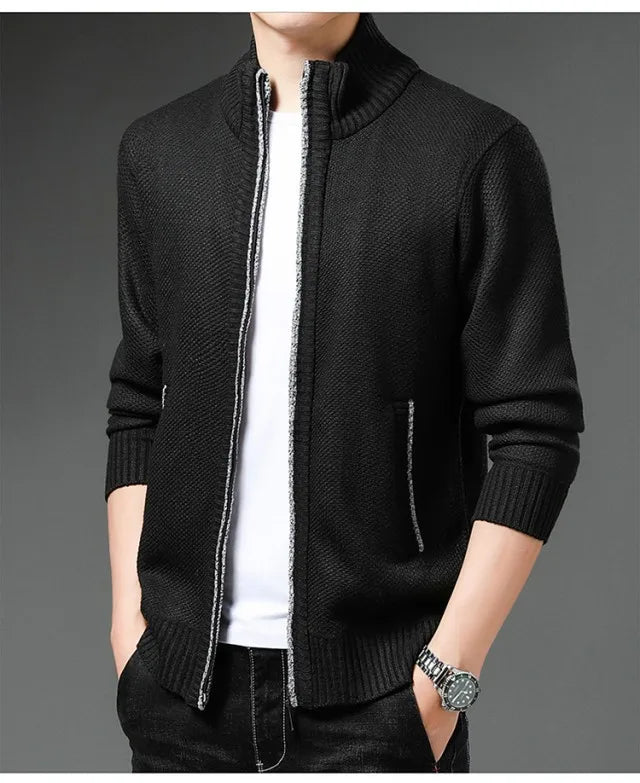 🧥 Men’s Fleece Cardigan Knitted Sweater – Trendy Full Zip Jacket for Fall & Winter