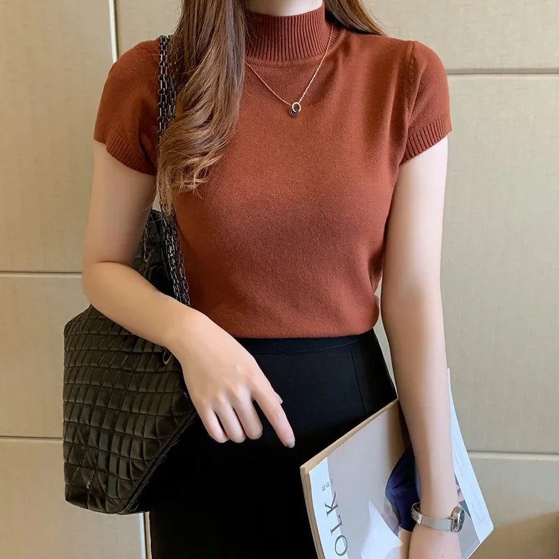 🌸 Elegant Women’s Summer Half-Turtleneck Slim Knitted T-Shirt