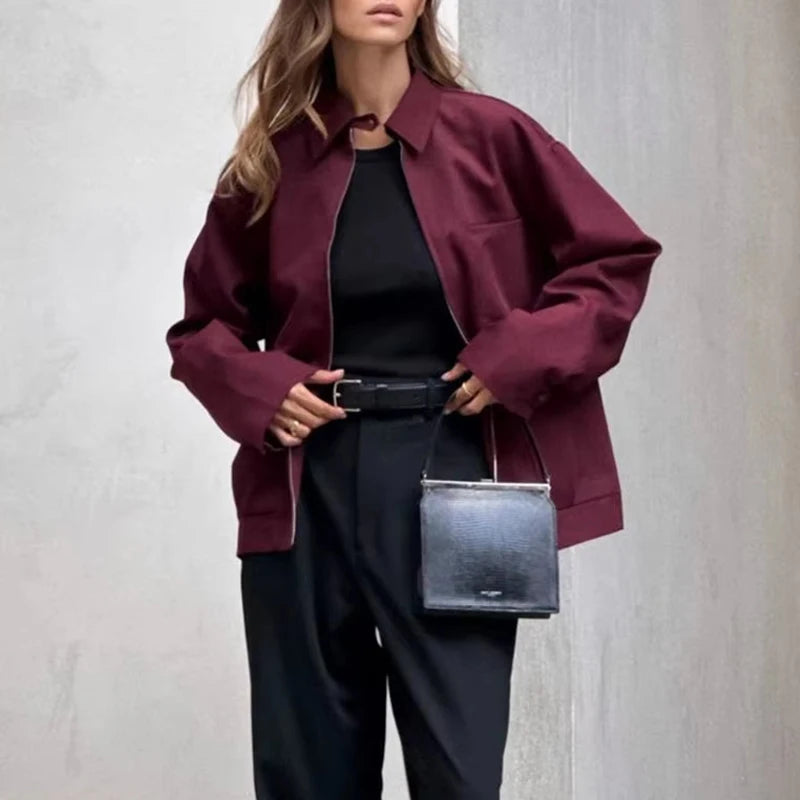 🧥 MUJER Retro Zipper Bomber Jacket for Women – Effortless Fall Fashion