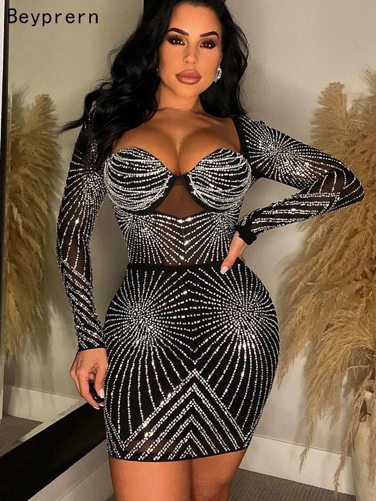 💎 Luxury Black Rhinestone Party Dress
