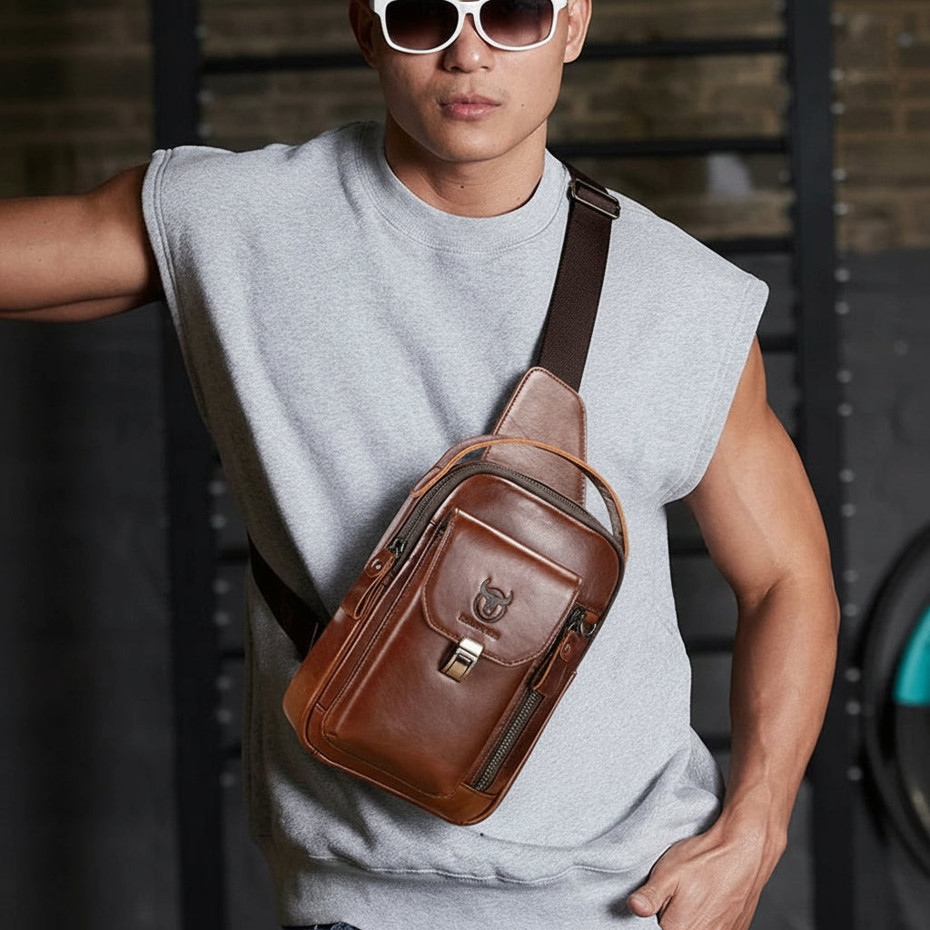 🦾 Men’s Genuine Leather Chest Bag – Retro Style Meets Modern Function