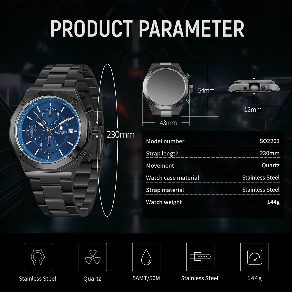 ⌚ SAPPHERO Men’s Luxury Sports Watch — Precision Meets Power