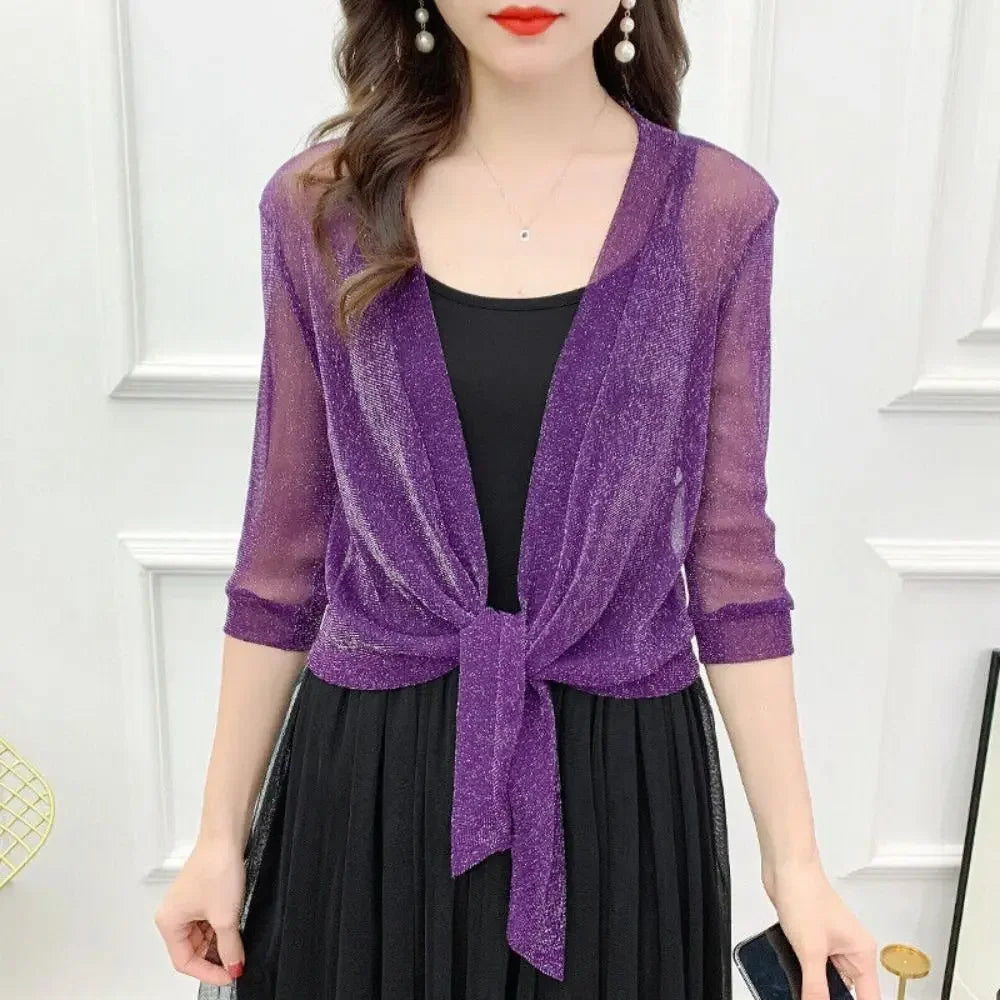✨ Glitter Tie-Up Open Front Shrug
