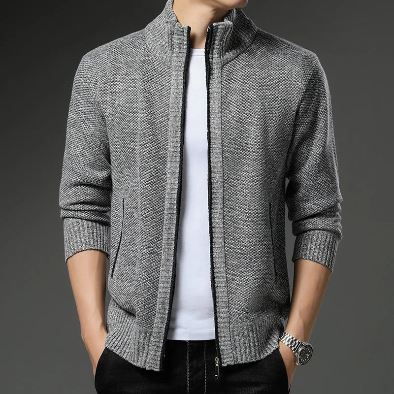 🧥 Men’s Fleece Cardigan Knitted Sweater – Trendy Full Zip Jacket for Fall & Winter