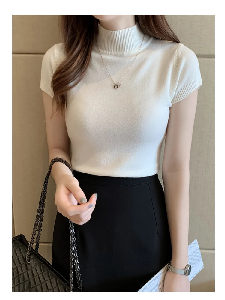 🌸 Elegant Women’s Summer Half-Turtleneck Slim Knitted T-Shirt