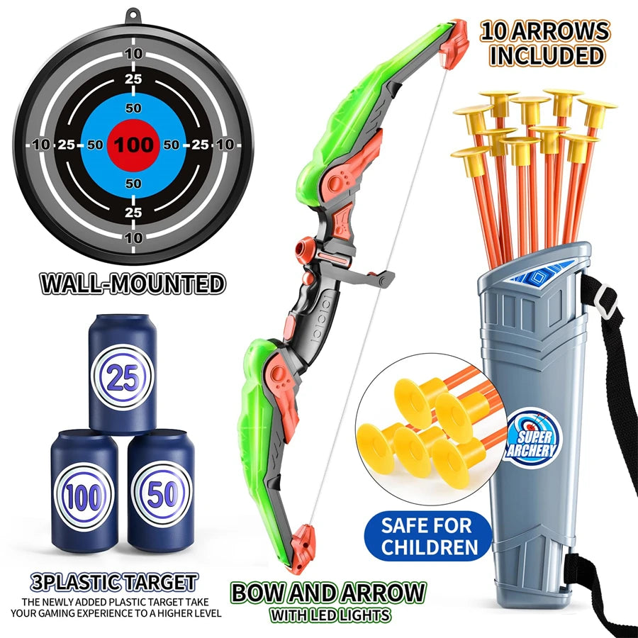 Kids Bow and Arrow Set, LED Light Up Archery Toys Set for Kids Ages 4-8 8-12, with 10 Suction Cup Arrows, Target & Quiver, Boys