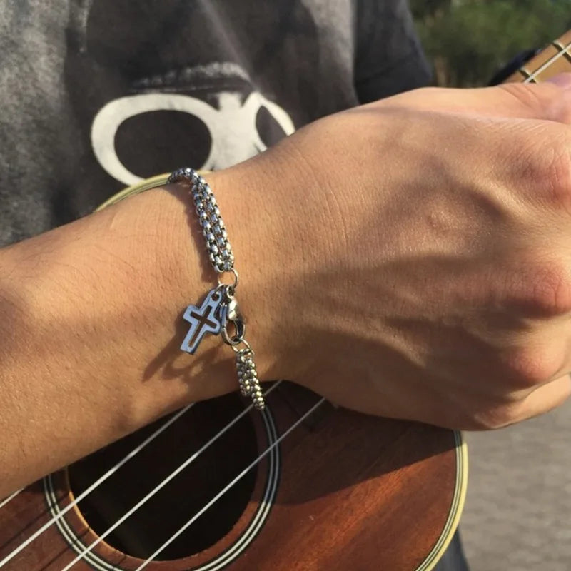 🔥 Double Chain Cross Hollow Stainless Steel Bracelet – Bold Style, Timeless Edge