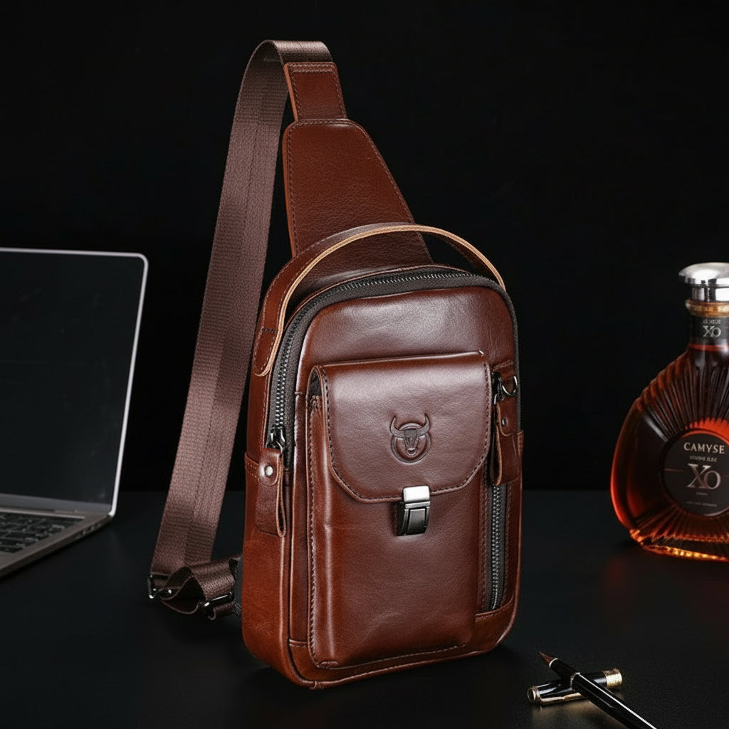 🦾 Men’s Genuine Leather Chest Bag – Retro Style Meets Modern Function