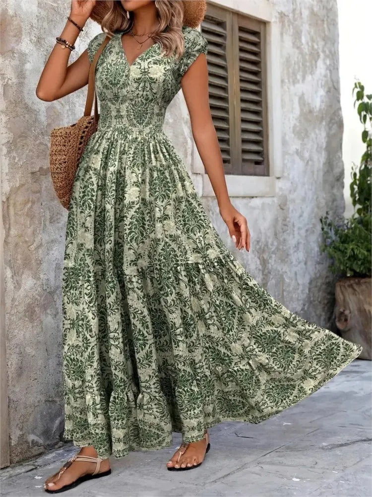 🌺 Women’s Summer Printed Long Dress – Elegant V-Neck Long Sleeve Pendant Dress