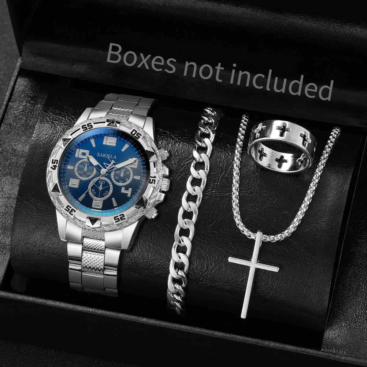 ⌚ 4PCS/Set Luxury Men’s Stainless Steel Watch & Jewelry Set