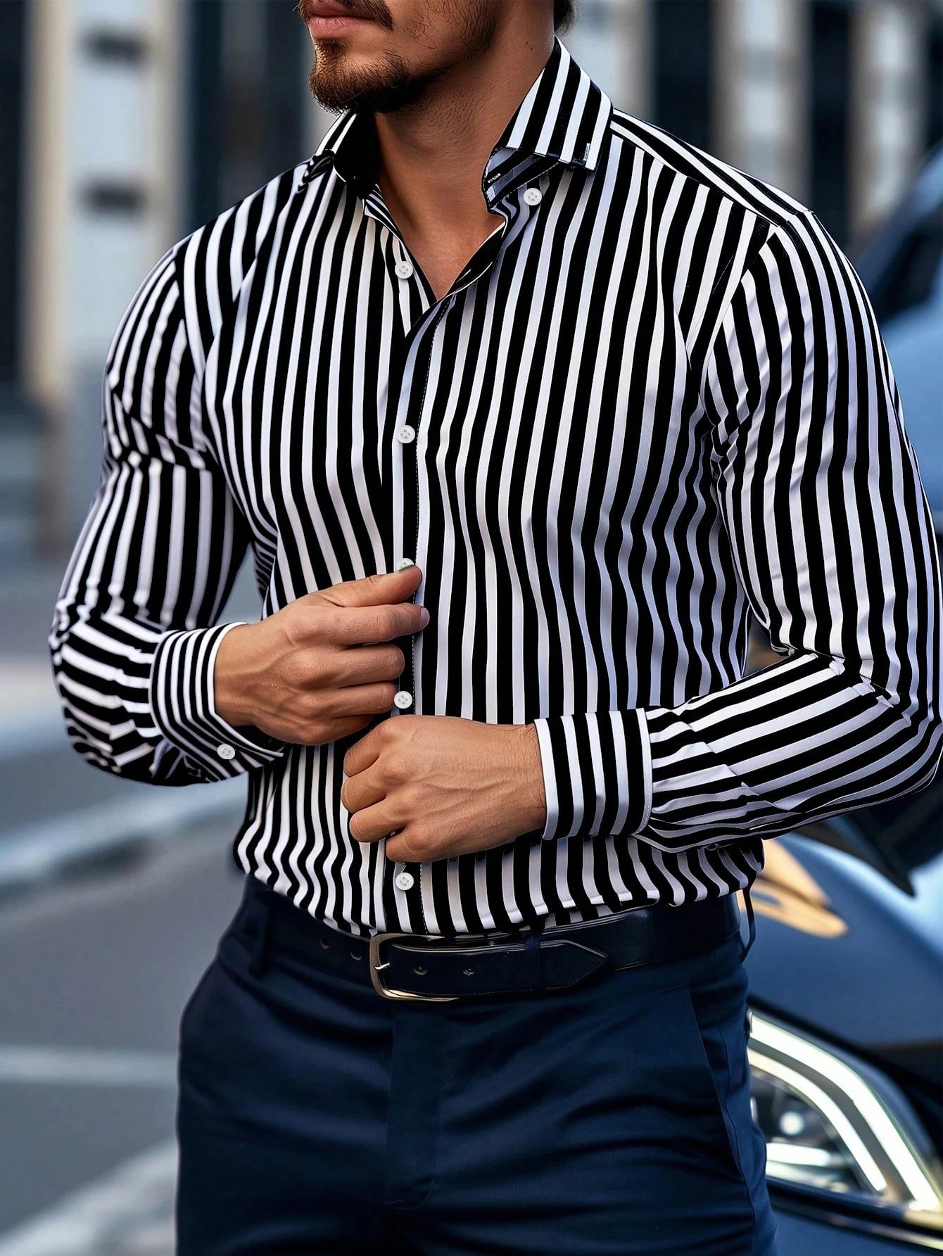 👔 Premium Men’s Striped Dress Shirt – Business Casual Perfection