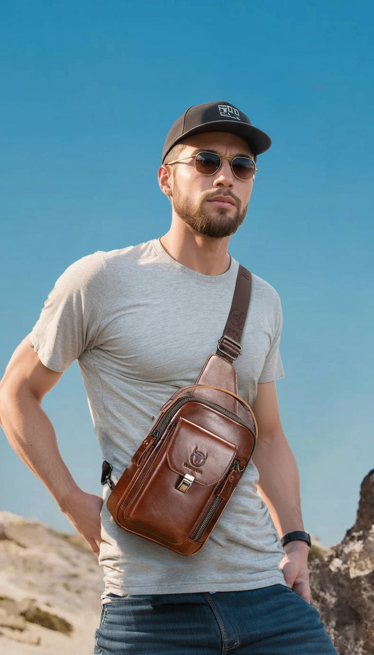🦾 Men’s Genuine Leather Chest Bag – Retro Style Meets Modern Function