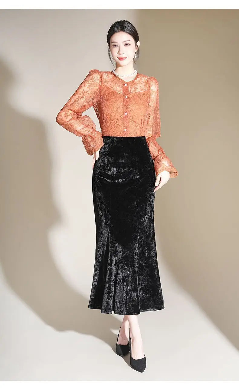 💃 Retro Elegance Reimagined — The Embossed Velvet Fish Tail Midi Skirt