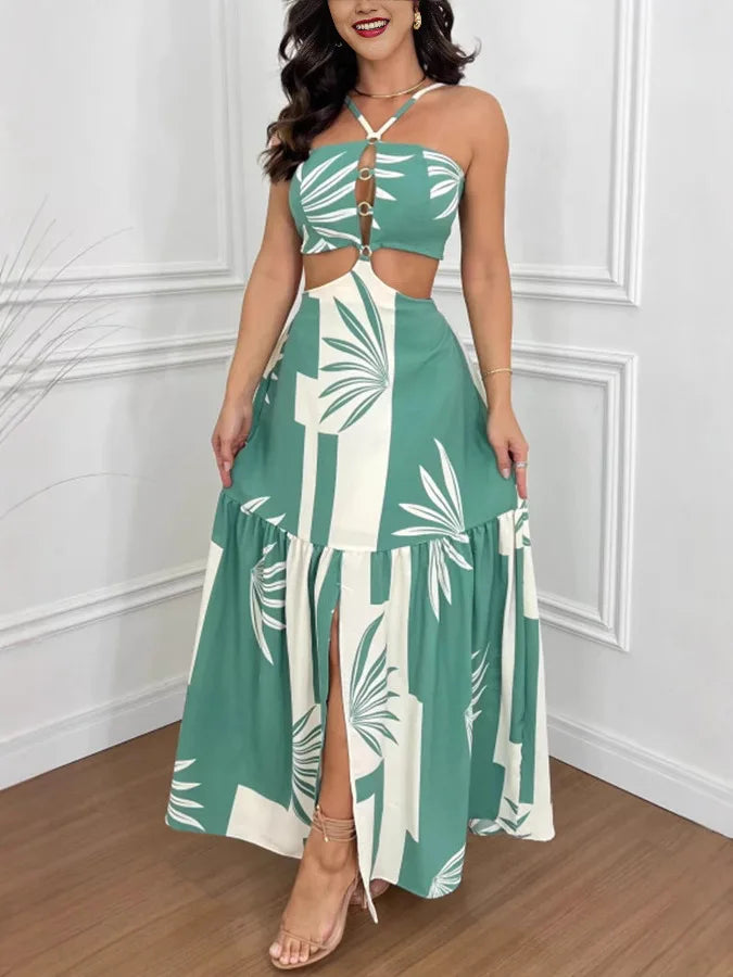 🌴 Tropical Goddess – Backless Halter Maxi Dress