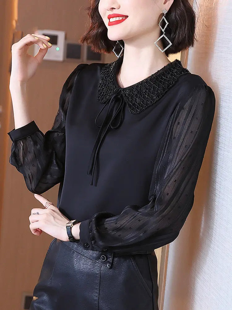 🖤 Elegant Black Mesh Chiffon Blouse – Urban Office Chic