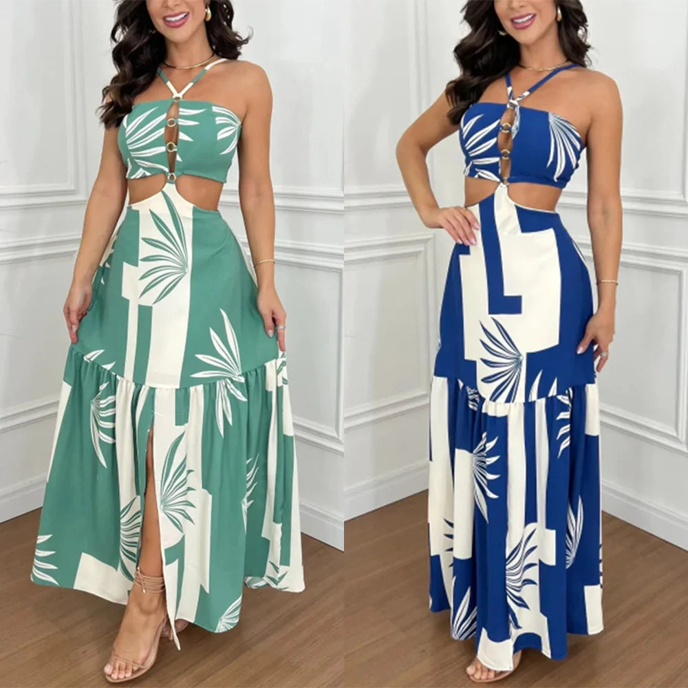 🌴 Tropical Goddess – Backless Halter Maxi Dress