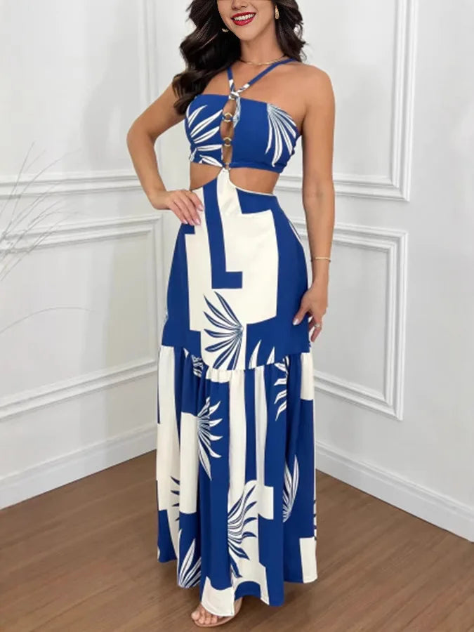 🌴 Tropical Goddess – Backless Halter Maxi Dress