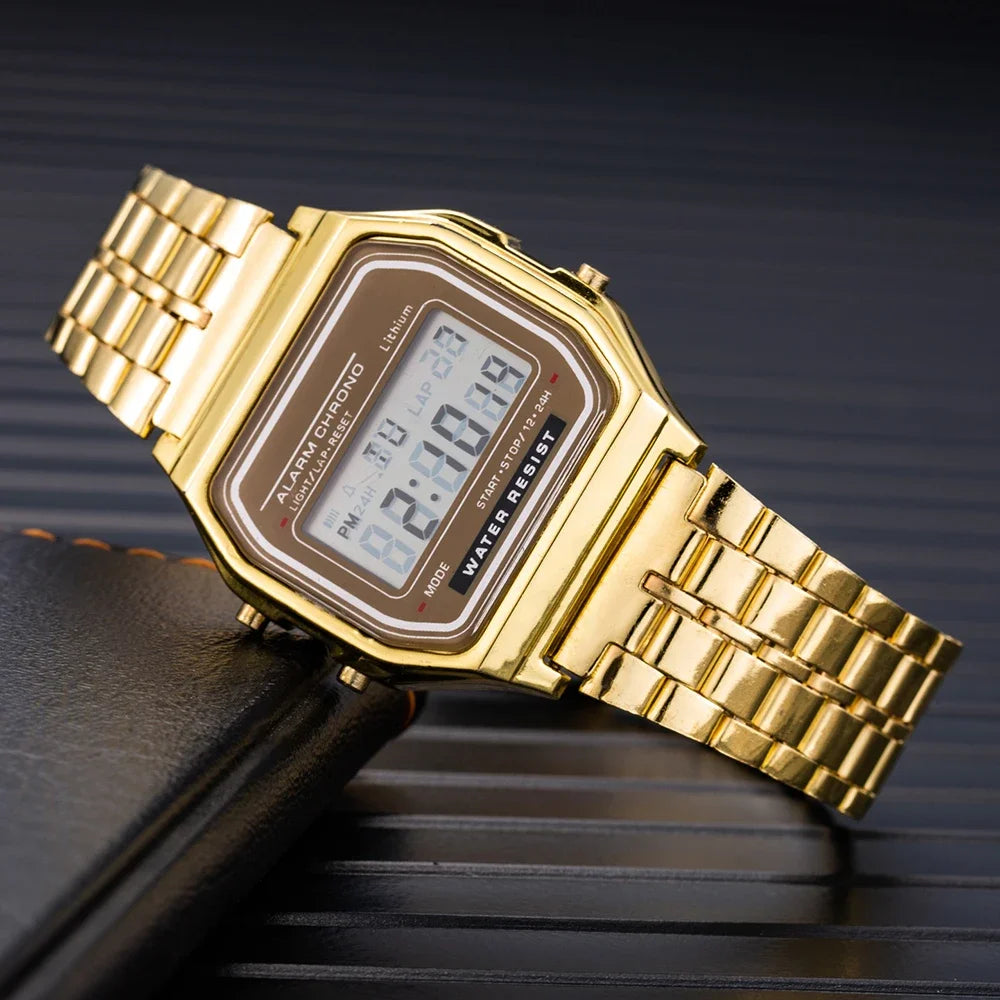 ⌚ New Digital Sports Watch for Men & Women – Waterproof LED Wristwatch in Gold