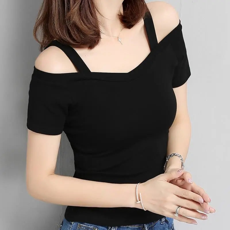 💖 90s-Inspired Off-Shoulder Slim Fit T-Shirt — Korean Summer Fashion for Confident Women