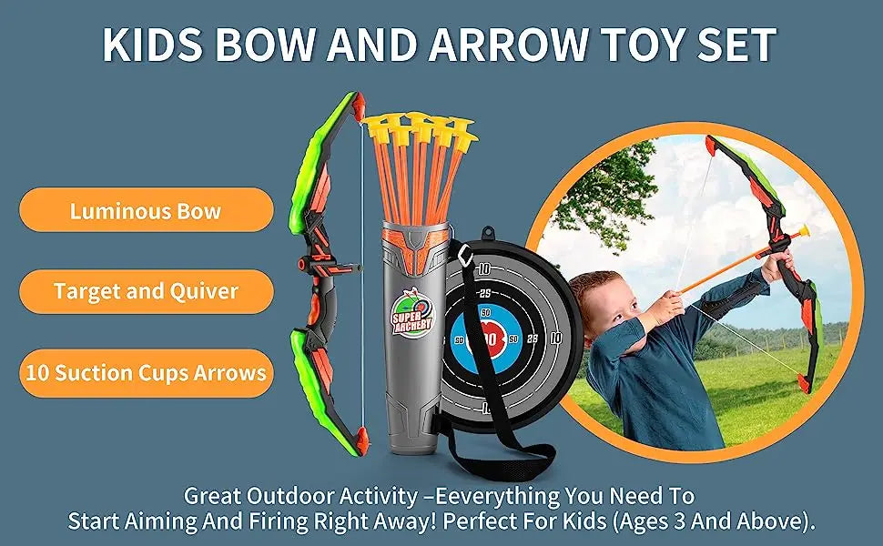 Kids Bow and Arrow Set, LED Light Up Archery Toys Set for Kids Ages 4-8 8-12, with 10 Suction Cup Arrows, Target & Quiver, Boys