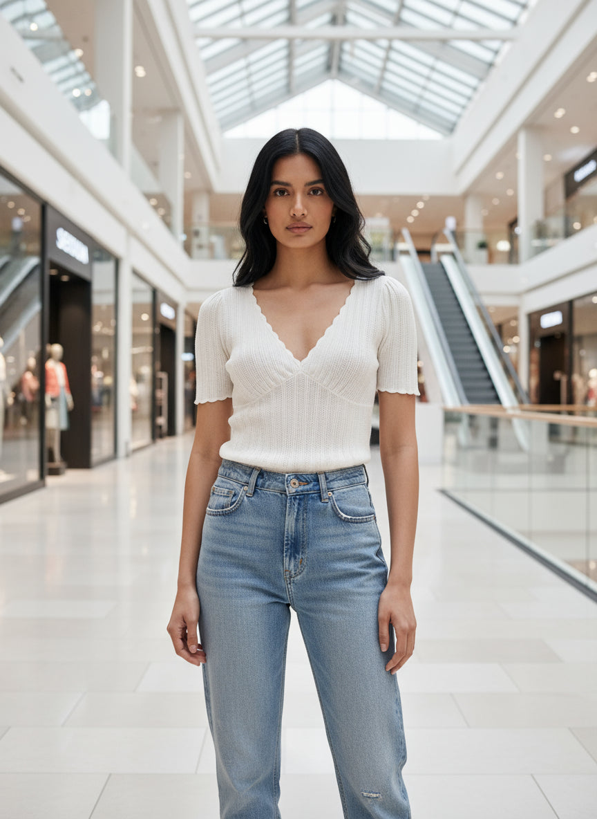 Women V Neck Knitted Crochet Tee With