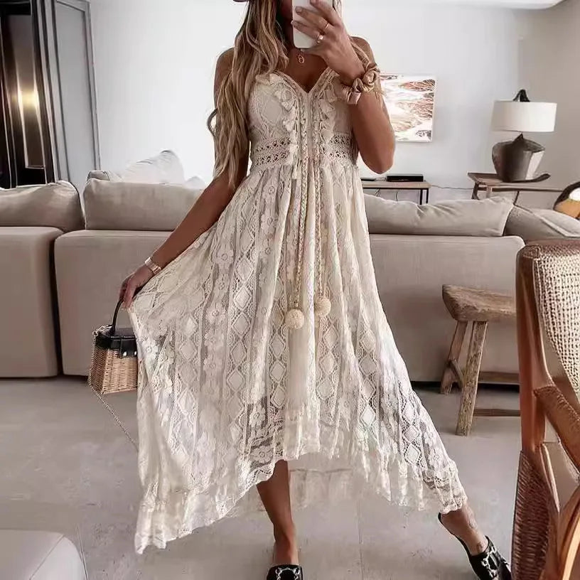 ☀️ Summer Lace Strapless Maxi Dress – Boho Elegance in Motion