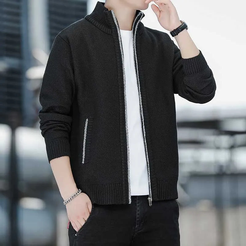 🧥 Men’s Fleece Cardigan Knitted Sweater – Trendy Full Zip Jacket for Fall & Winter