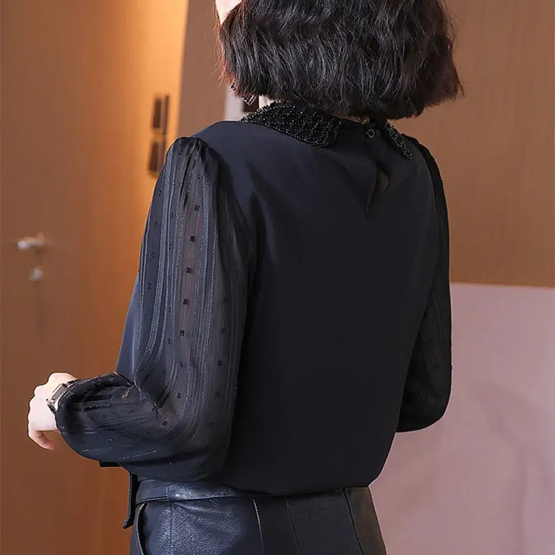 🖤 Elegant Black Mesh Chiffon Blouse – Urban Office Chic