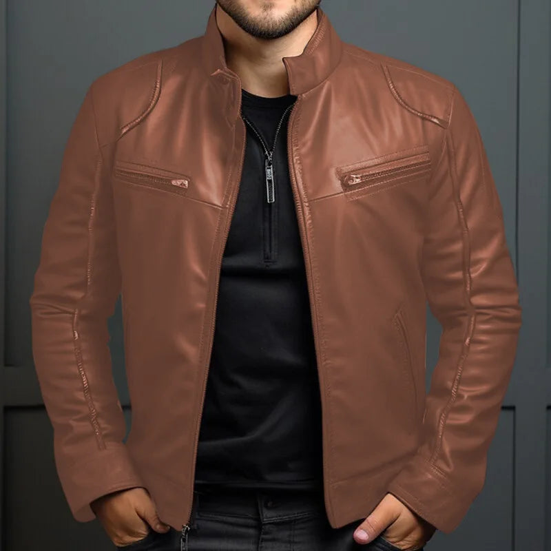 🏍️ Multi-Color Men’s PU Leather Motorcycle Jacket – Stand Collar Punk Style with Zipper & Pockets