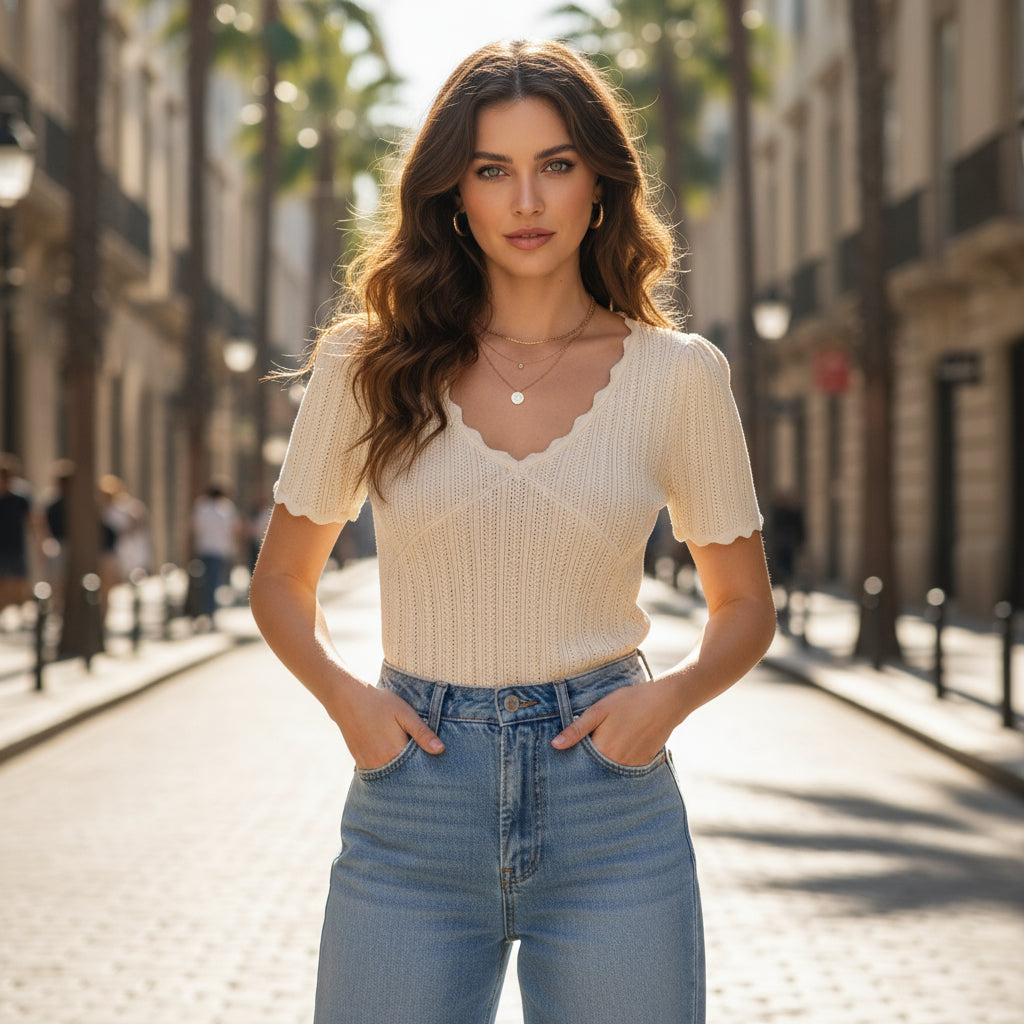 Women V Neck Knitted Crochet Tee With