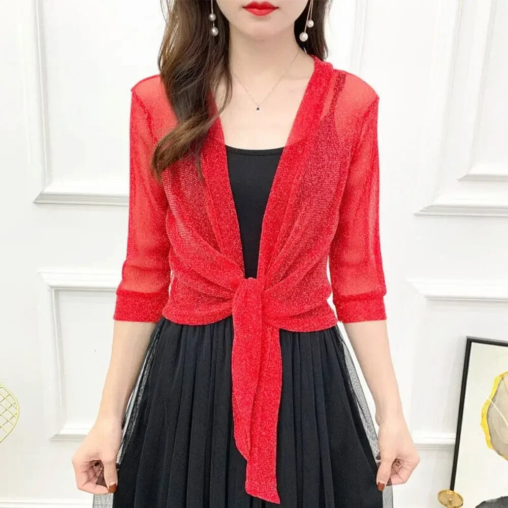 ✨ Glitter Tie-Up Open Front Shrug