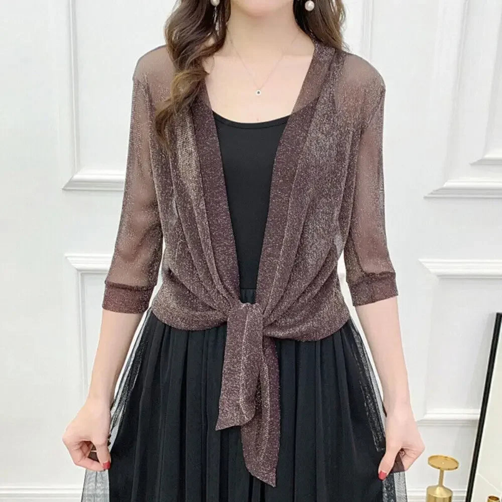 ✨ Glitter Tie-Up Open Front Shrug