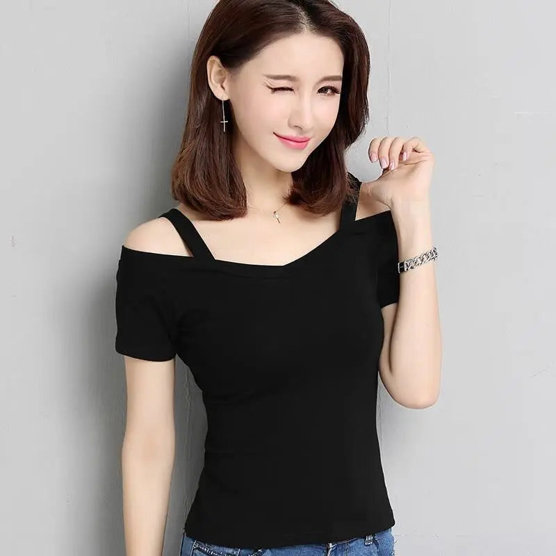 💖 90s-Inspired Off-Shoulder Slim Fit T-Shirt — Korean Summer Fashion for Confident Women