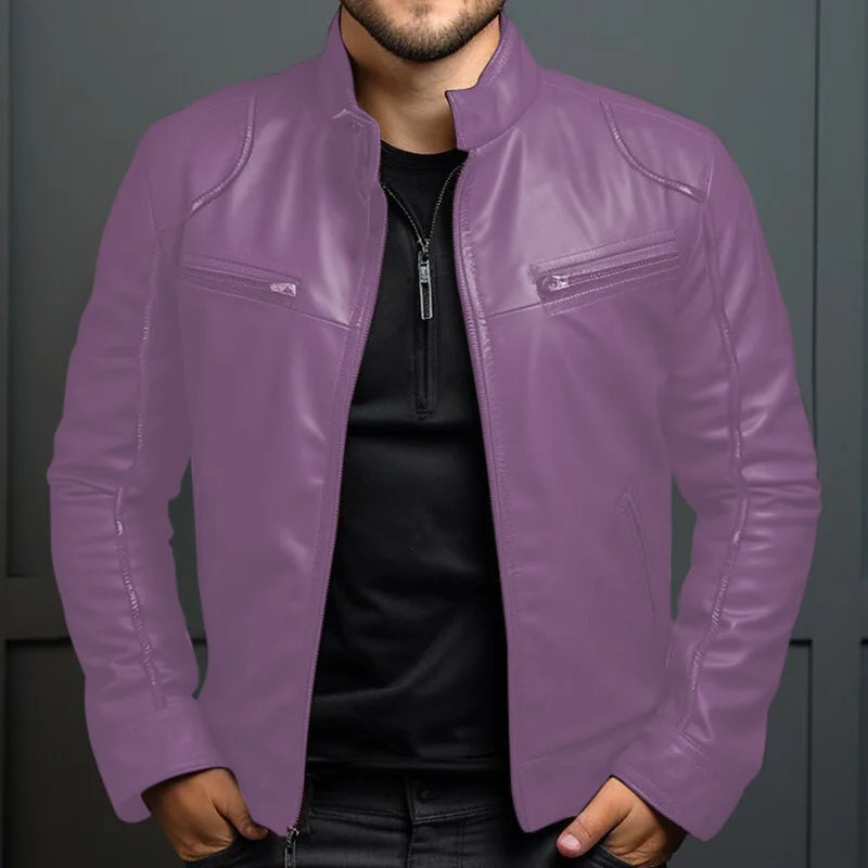 🏍️ Multi-Color Men’s PU Leather Motorcycle Jacket – Stand Collar Punk Style with Zipper & Pockets