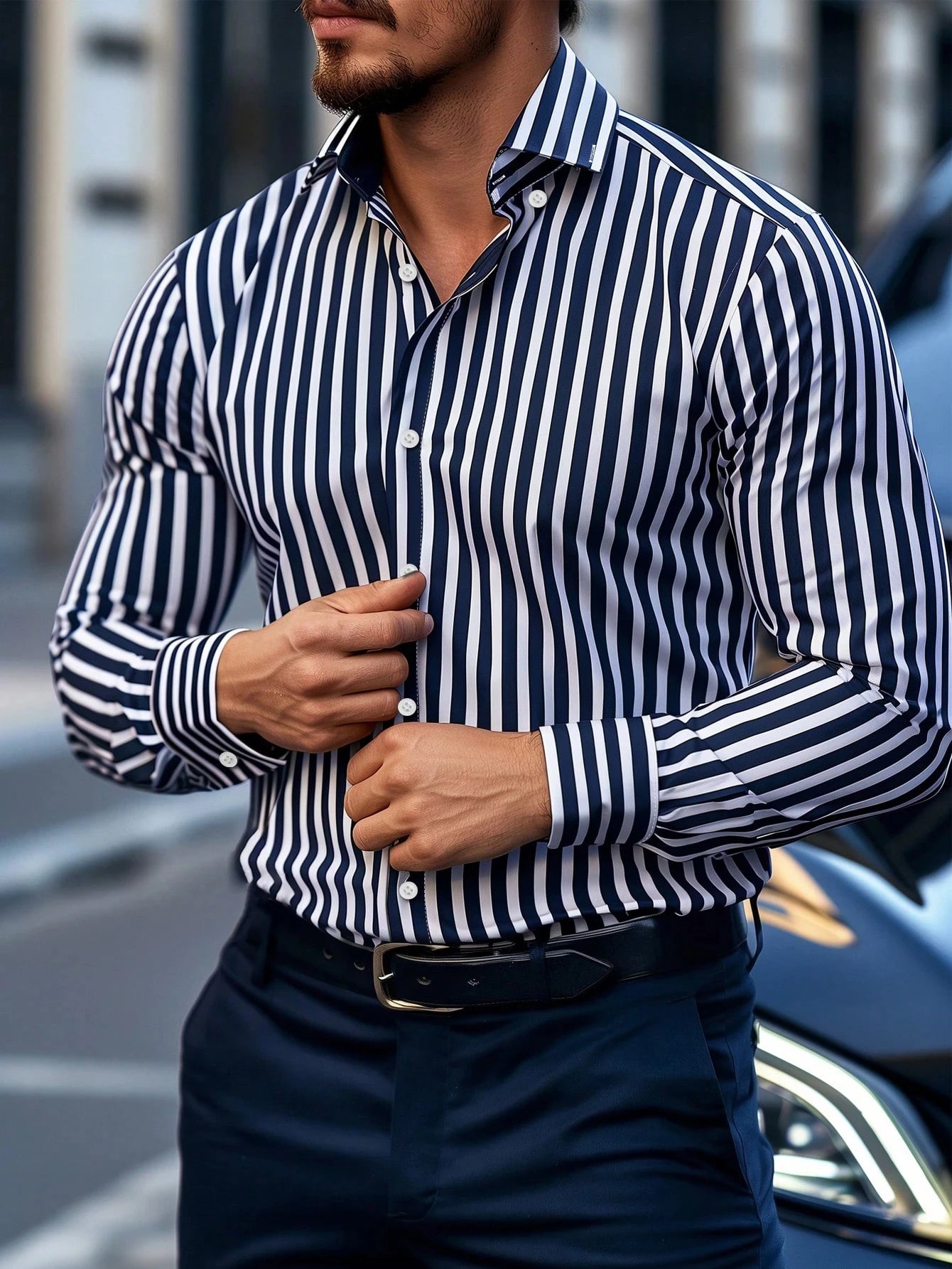👔 Premium Men’s Striped Dress Shirt – Business Casual Perfection