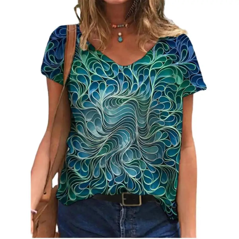 🌸 Women’s 3D Floral V-Neck T-Shirt – Summer Streetwear Chic in Full Bloom