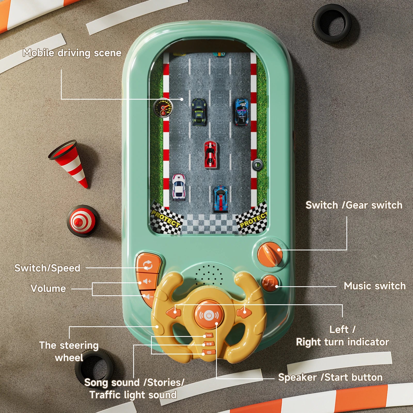 Children's steering wheel operation obstacle avoidance game machine simulates steering wheel racing car