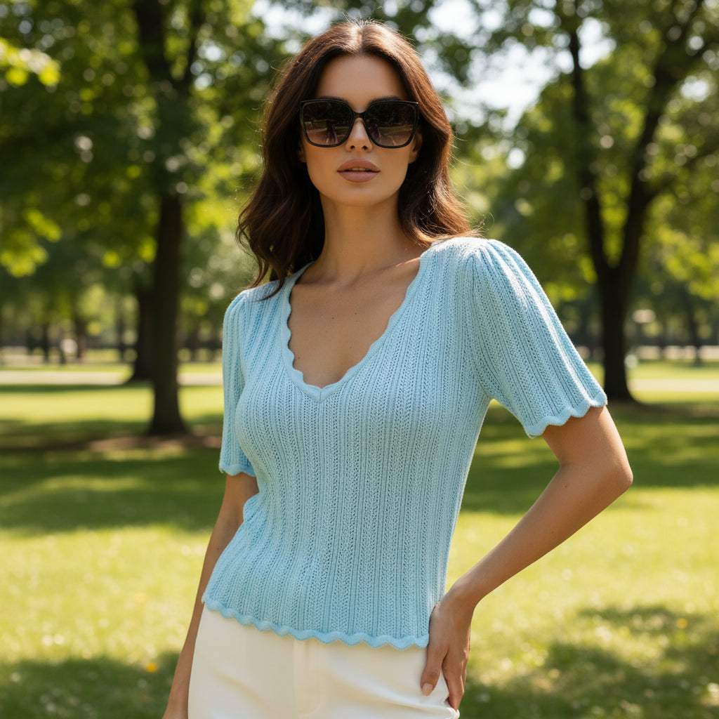 Women V Neck Knitted Crochet Tee With