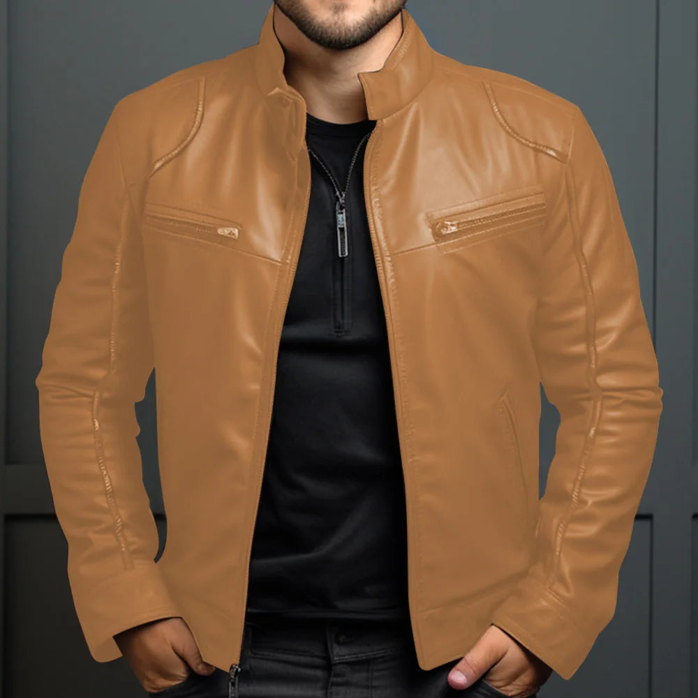 🏍️ Multi-Color Men’s PU Leather Motorcycle Jacket – Stand Collar Punk Style with Zipper & Pockets