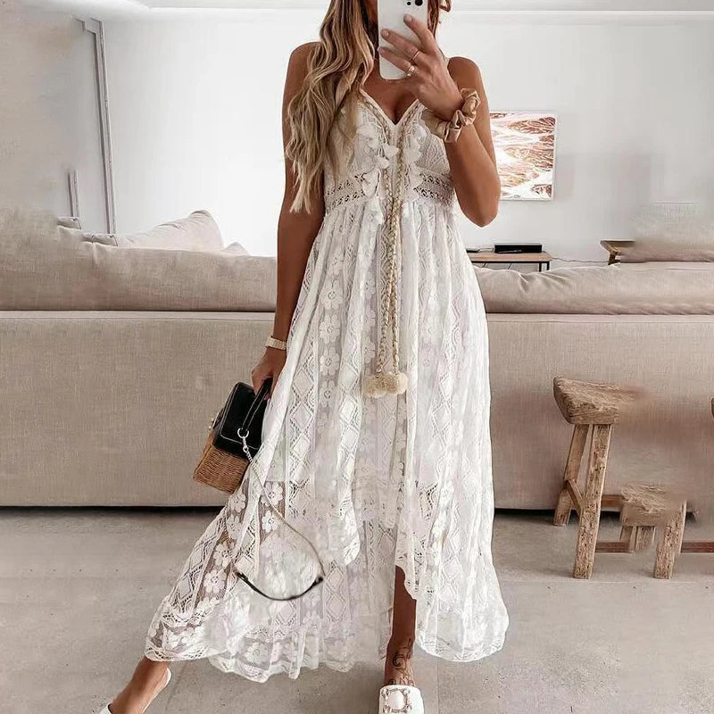 ☀️ Summer Lace Strapless Maxi Dress – Boho Elegance in Motion
