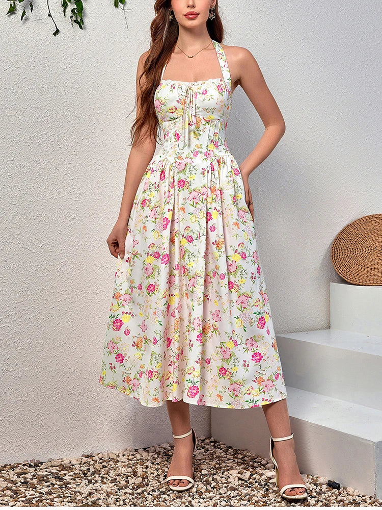🌺 Floral Elegance – The New Halter Backless Midi Dress