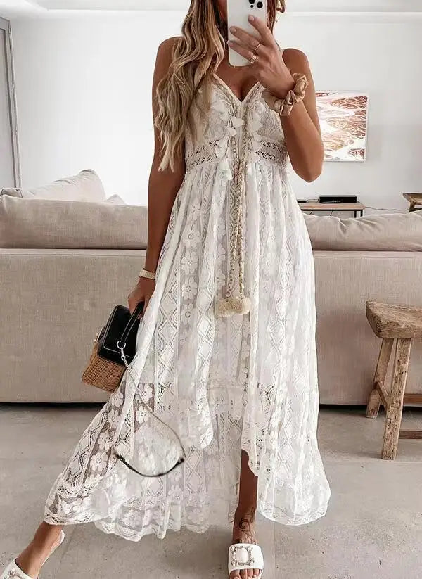 ☀️ Summer Lace Strapless Maxi Dress – Boho Elegance in Motion