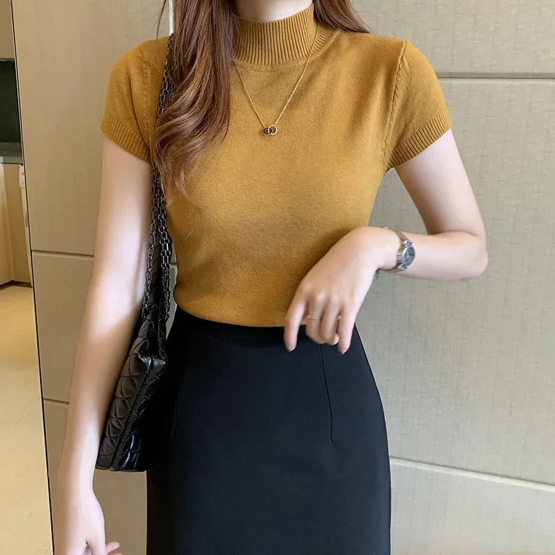 🌸 Elegant Women’s Summer Half-Turtleneck Slim Knitted T-Shirt