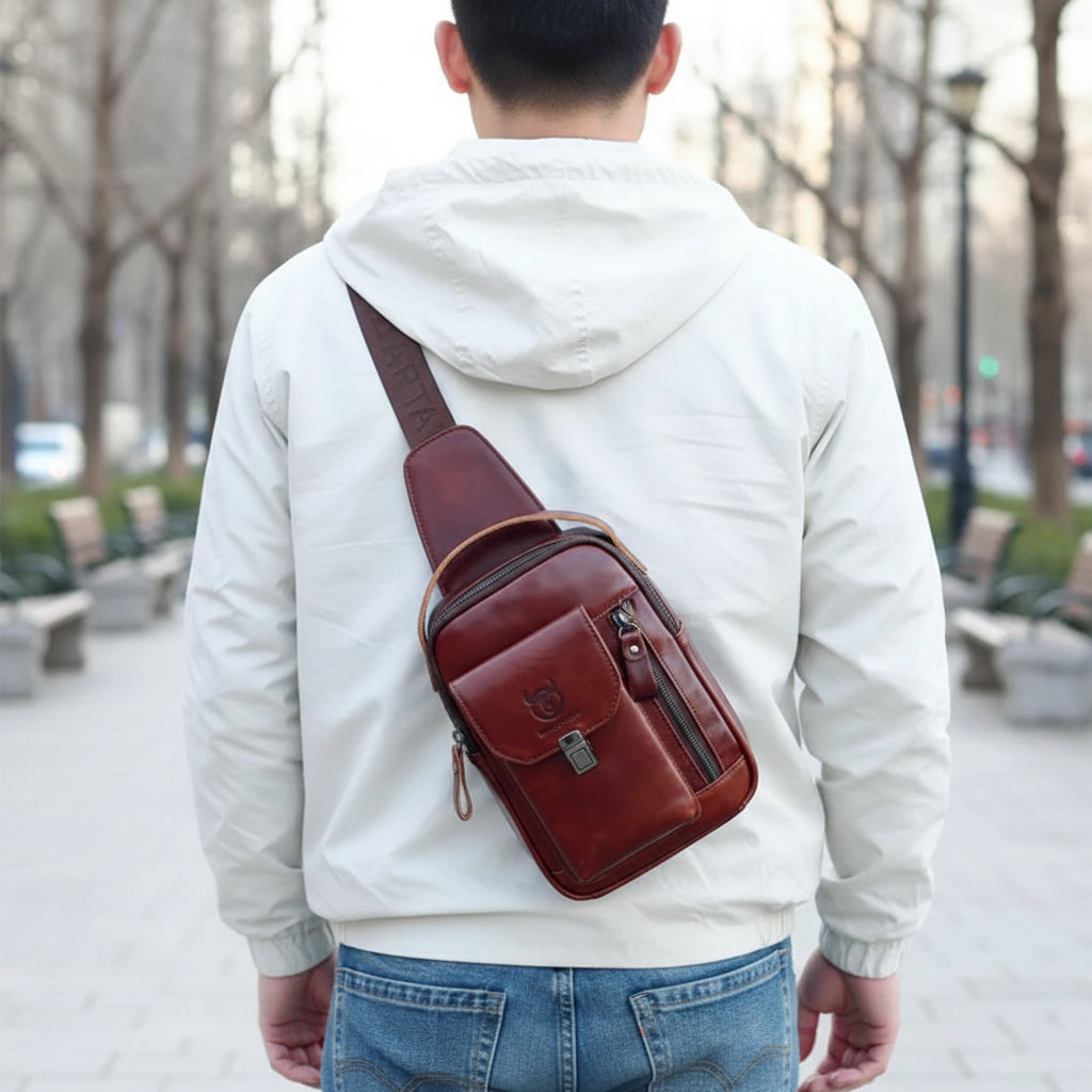 🦾 Men’s Genuine Leather Chest Bag – Retro Style Meets Modern Function