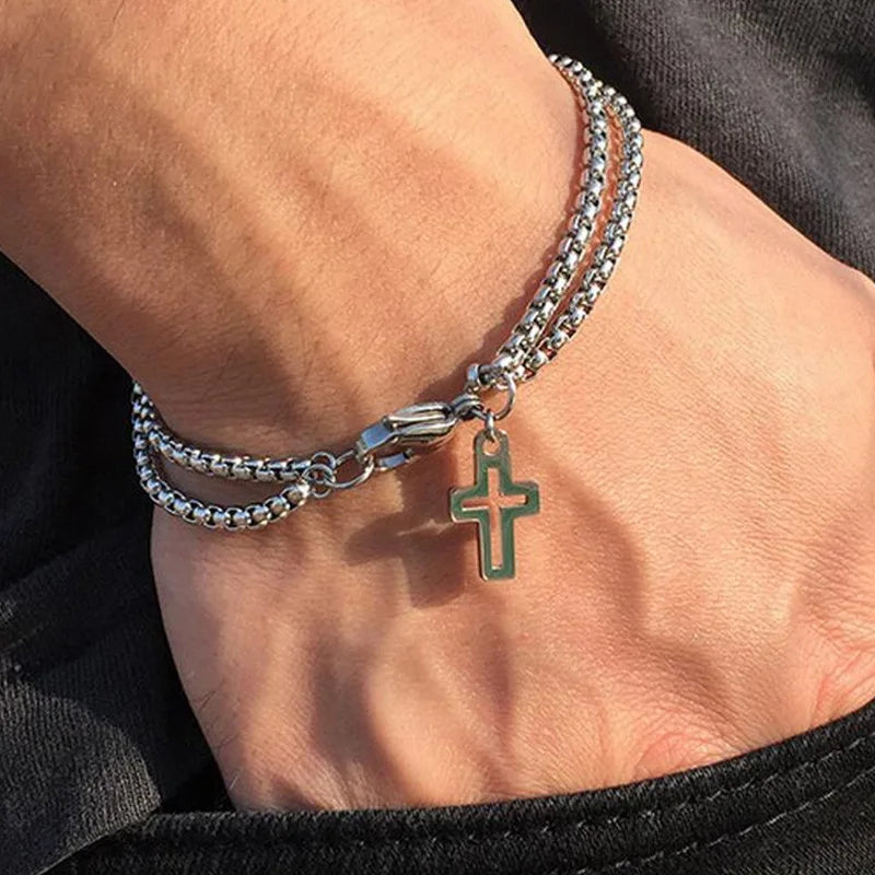 🔥 Double Chain Cross Hollow Stainless Steel Bracelet – Bold Style, Timeless Edge