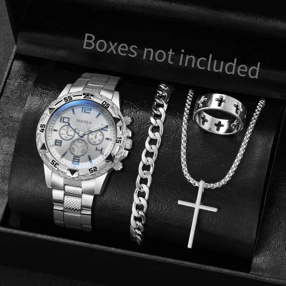 ⌚ 4PCS/Set Luxury Men’s Stainless Steel Watch & Jewelry Set