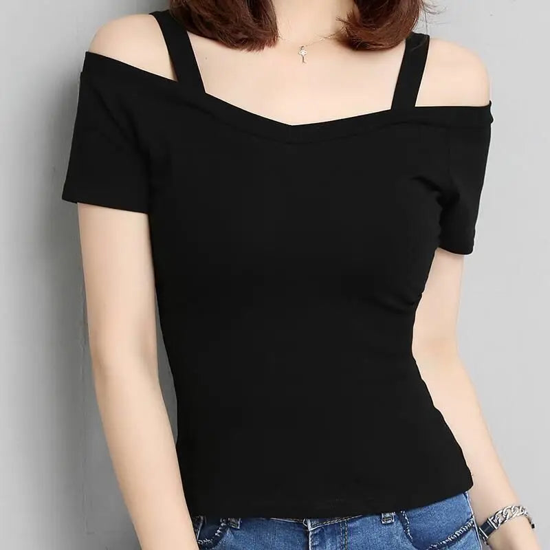 💖 90s-Inspired Off-Shoulder Slim Fit T-Shirt — Korean Summer Fashion for Confident Women