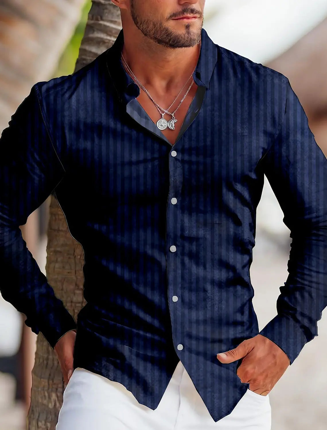 👕 Men’s Spring 3D Printed Striped Lapel Long Shirt — Casual Single-Breasted Button Cardigan