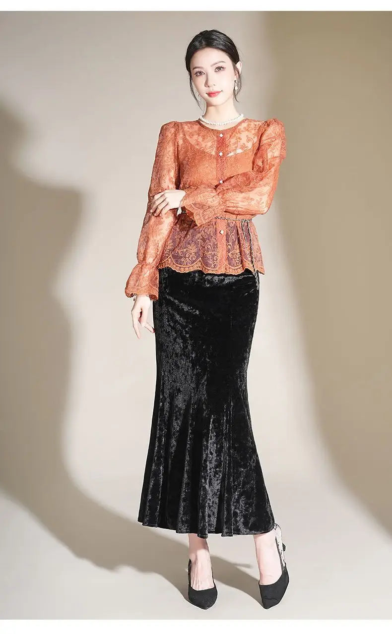 💃 Retro Elegance Reimagined — The Embossed Velvet Fish Tail Midi Skirt